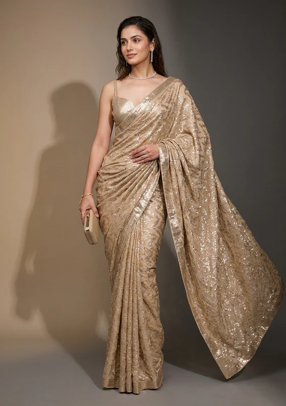 Gold Sequins Georgette Saree